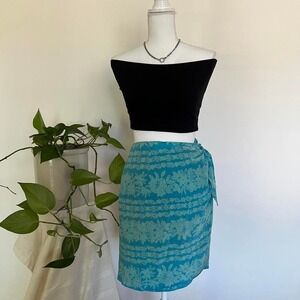 VTG 100% Silk Blue Floral Wrap Skirt w/ Tie Waist 90s Y2K Coconut Girl Hawaii